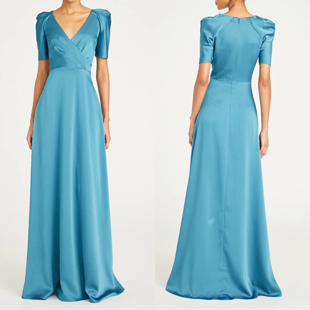 THEIA Marina V Neck Satin Special Occasion Gown In Sea Glass Size 4 NWT